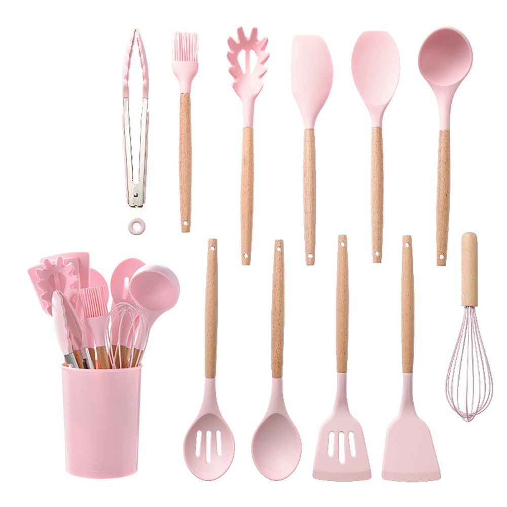 Silicone Kitchenware Cooking Utensils Set Non-stick Cookware Spatula Shovel Egg Beaters Wooden Handle Kitchen Cooking Tool Set