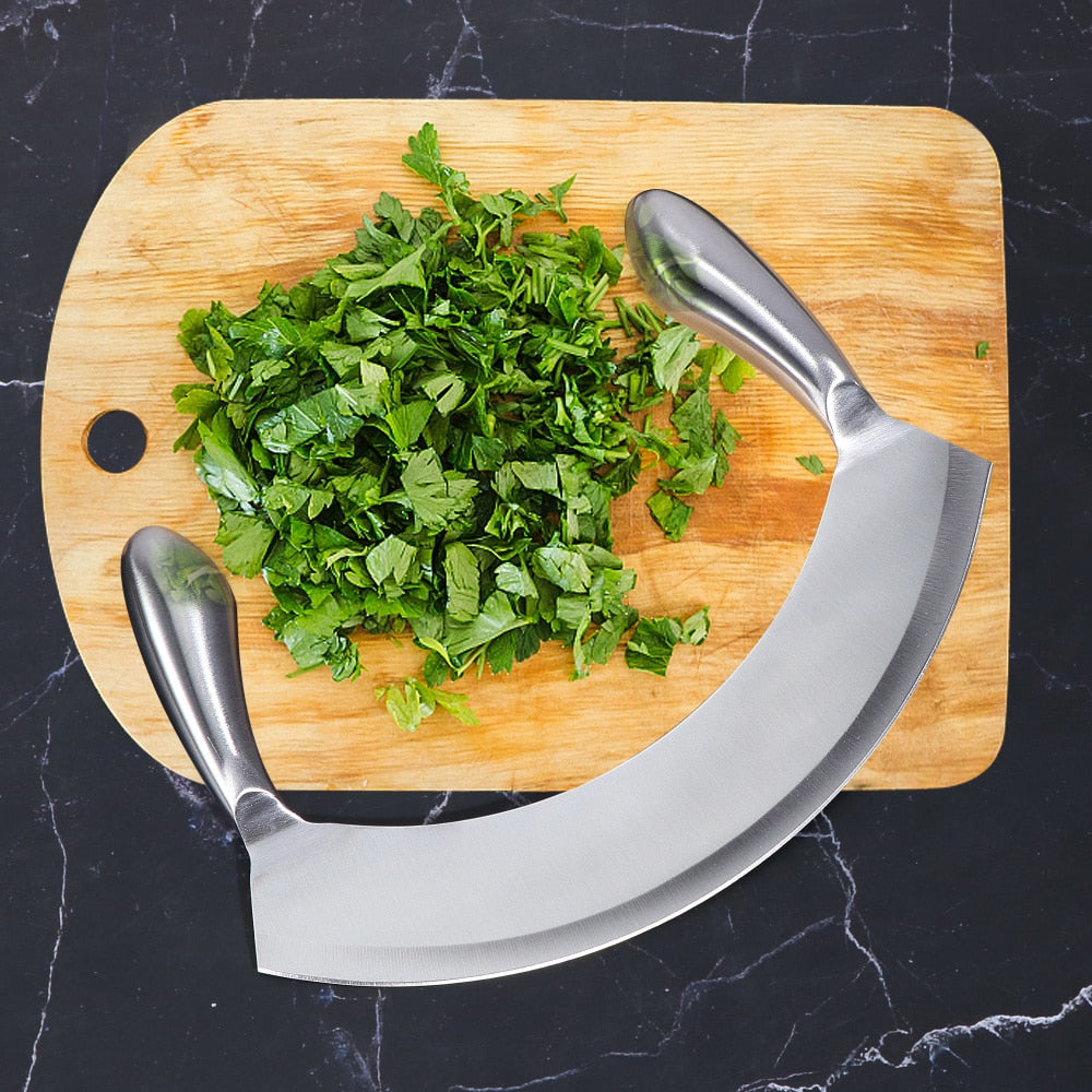 8.5 Inch Stainless Steel Mezzaluna Knife Pizza Cutter Fruit Vegetable Salad Chopper Dicer With Curved Blade Kitchen Herb Mincer