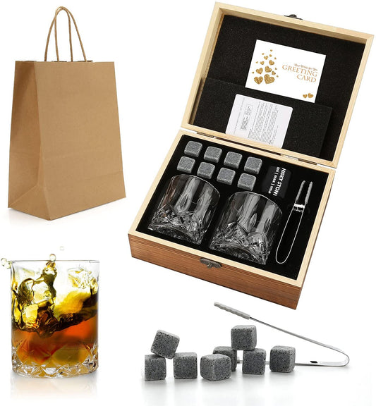 Whiskey Stones &amp; Glasses Set, Granite Ice Cube For Whisky, Whiski Chilling Rocks In Wooden Box, Best Gift For Dad Husband Men