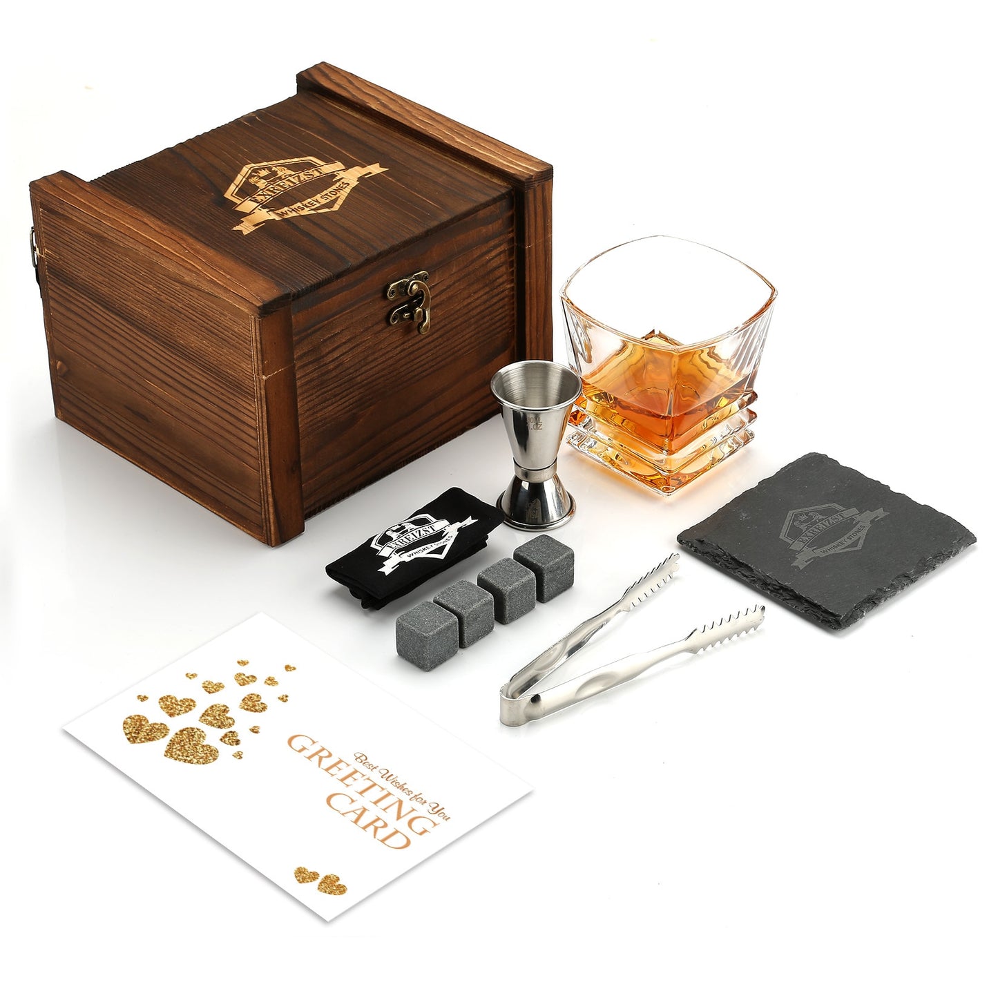 Whiskey Stones & Glasses Set, Granite Ice Cube For Whisky, Whiski Chilling Rocks In Wooden Box, Best Gift For Dad Husband Men