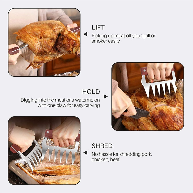 Bear Claws Stainless Steel BBQ Meat Shredder Claws with Wooden Handle Bottle Opener Turkey Chicken Claws KC0423