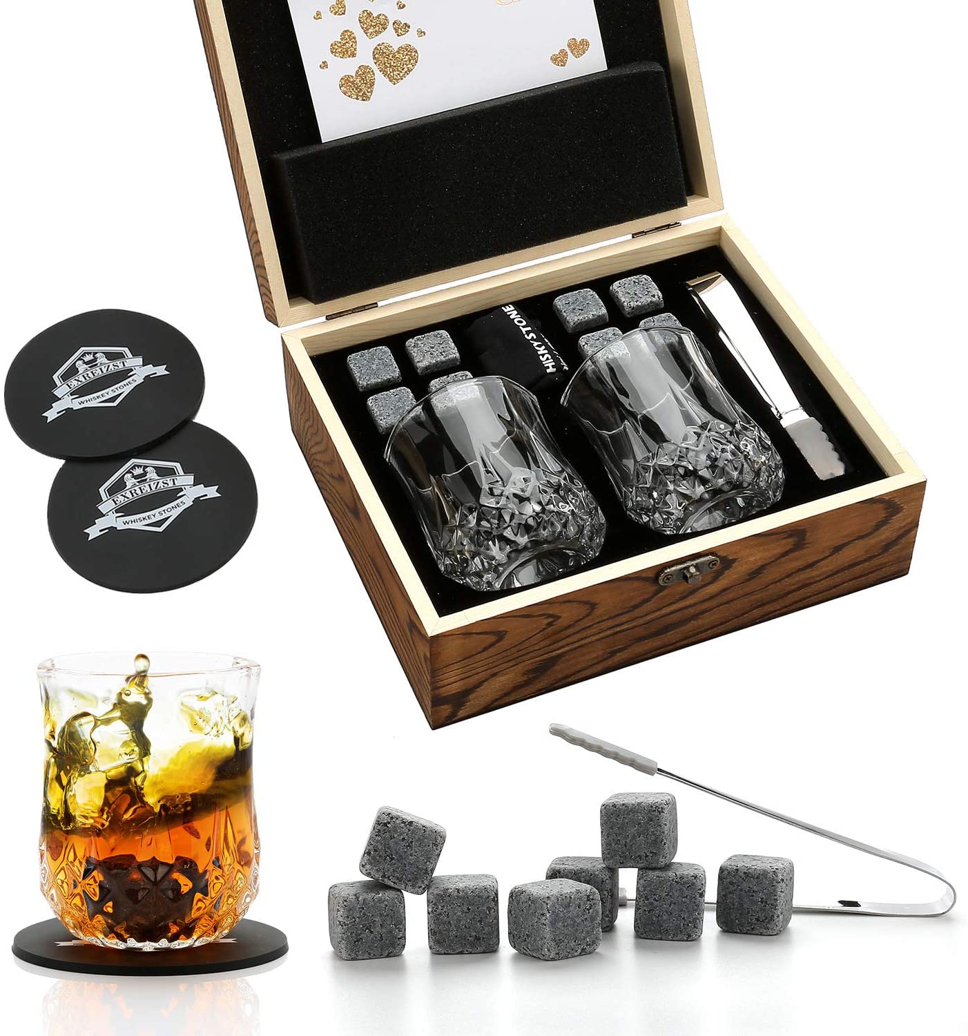 Whiskey Stones & Glasses Set, Granite Ice Cube For Whisky, Whiski Chilling Rocks In Wooden Box, Best Gift For Dad Husband Men