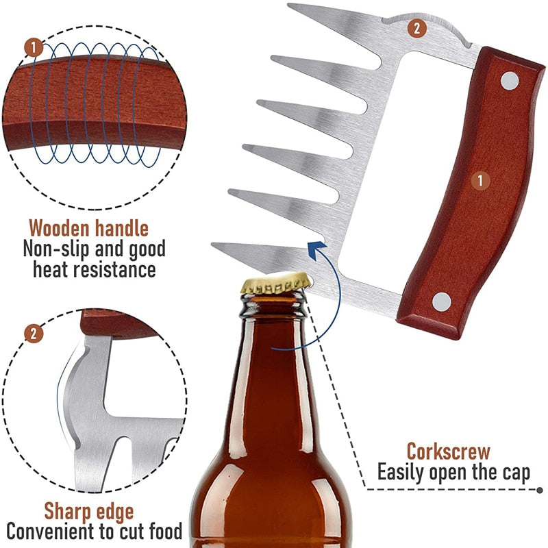 Bear Claws Stainless Steel BBQ Meat Shredder Claws with Wooden Handle Bottle Opener Turkey Chicken Claws KC0423