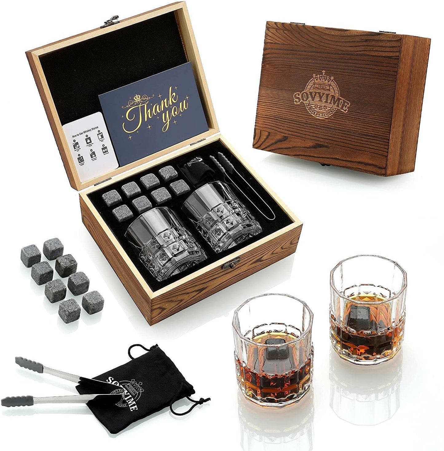 Whiskey Stones & Glasses Set, Granite Ice Cube For Whisky, Whiski Chilling Rocks In Wooden Box, Best Gift For Dad Husband Men