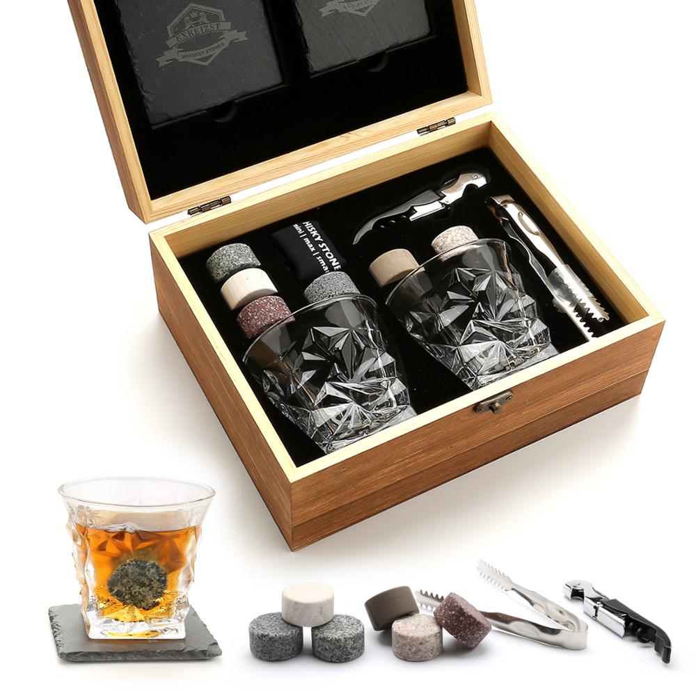 Whiskey Stones &amp; Glasses Set, Granite Ice Cube For Whisky, Whiski Chilling Rocks In Wooden Box, Best Gift For Dad Husband Men