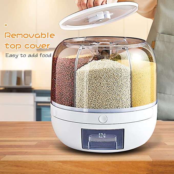 360° Rotating Rice Dispenser Food Dispenser 6 in 1 6-Grid Rotatable Cereal Dispenser Rice and Grain Storage Container for Kitche