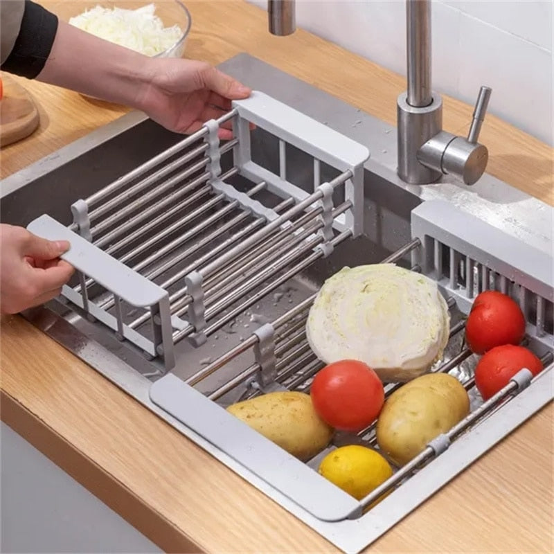 Adjustable Kitchen Stainless Steel Sink Rack Telescopic Sink Dish Rack Sink Holder Organizer Fruit Vegetable Washing Drainer