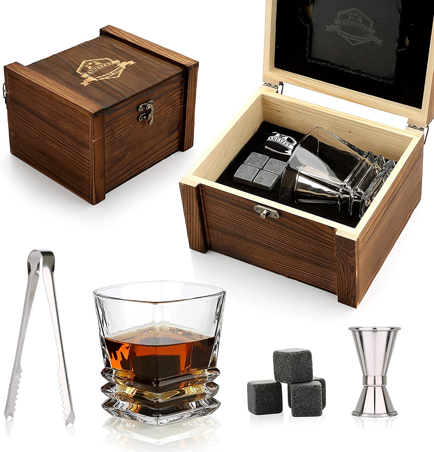 Whiskey Stones & Glasses Set, Granite Ice Cube For Whisky, Whiski Chilling Rocks In Wooden Box, Best Gift For Dad Husband Men