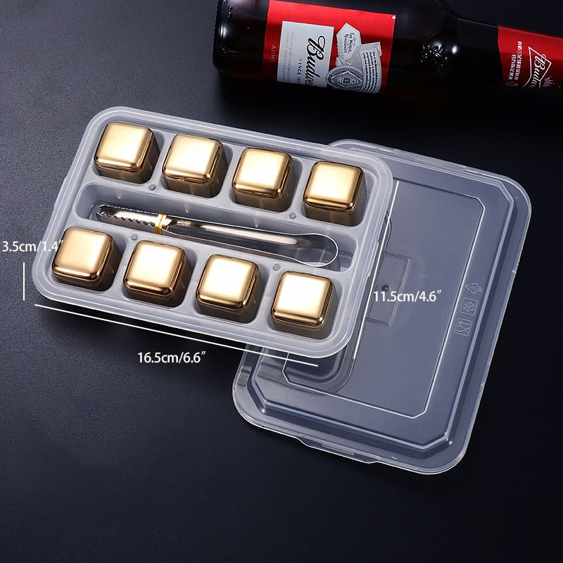 2-8 Pcs Stainless Steel Gold Ice Cubes Set Reusable Chilling Stones for Whiskey Cube Wine Cooling Cube Chilling Rock Bar Tool