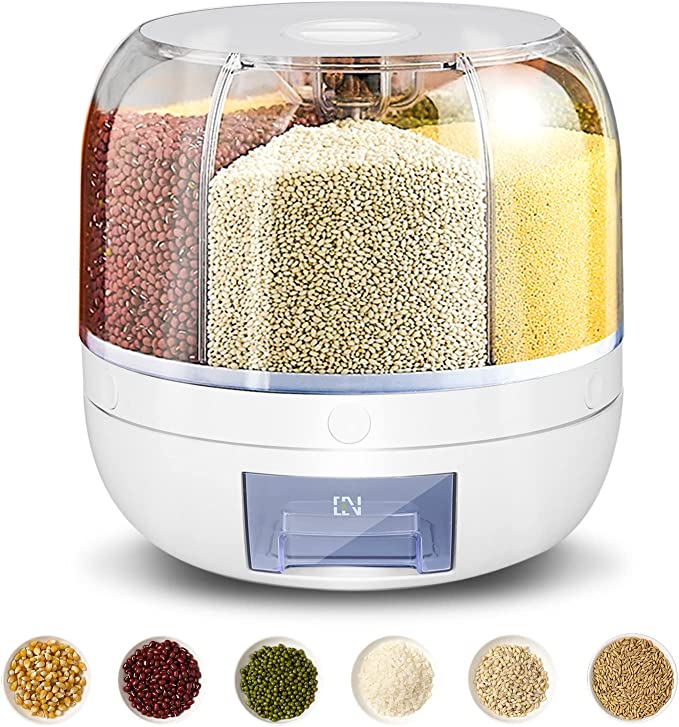 360° Rotating Rice Dispenser Food Dispenser 6 in 1 6-Grid Rotatable Cereal Dispenser Rice and Grain Storage Container for Kitche