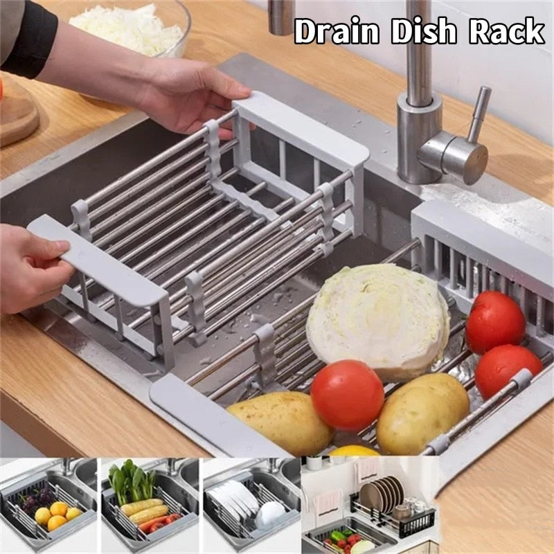 Multifunctional Kitchen Sink Drain Rack Retractable Stainless Steel Drain Basket Over The Sink Dish Drying Rack Accessories