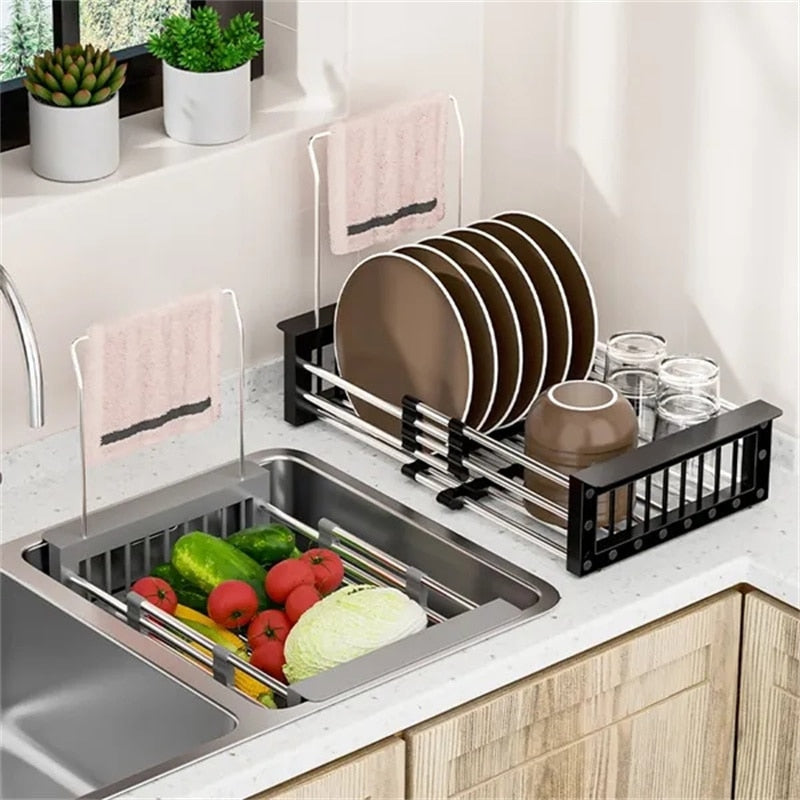 Multifunctional Kitchen Sink Drain Rack Retractable Stainless Steel Drain Basket Over The Sink Dish Drying Rack Accessories