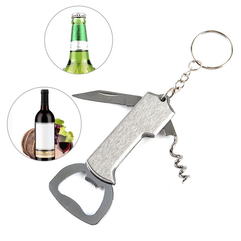 Multifunctional Zinc Alloy 3 In 1 Bottle Opener Keychain Outdoor Portable Mini Wine Beer Can Opener Wood Corkscrew Kitchen Tools