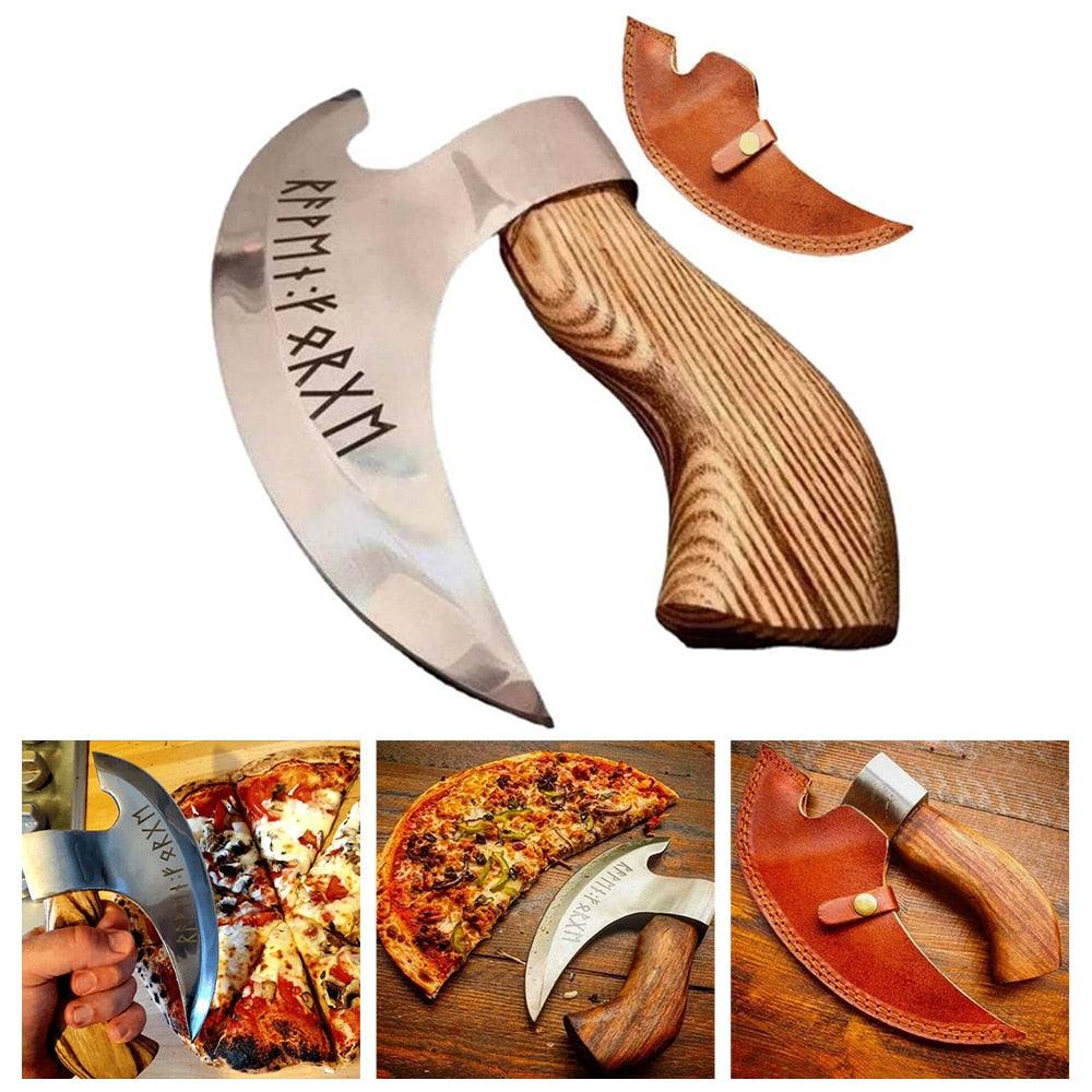 Pizza Axe Knife Stainless Steel Cutting Pizza Axe Vintage Wooden Handle Multifunctional Axe Cookie Scissor Kitchen Accessories