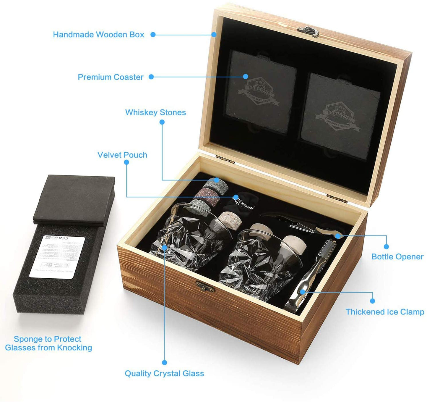 Whiskey Stones & Glasses Set, Granite Ice Cube For Whisky, Whiski Chilling Rocks In Wooden Box, Best Gift For Dad Husband Men
