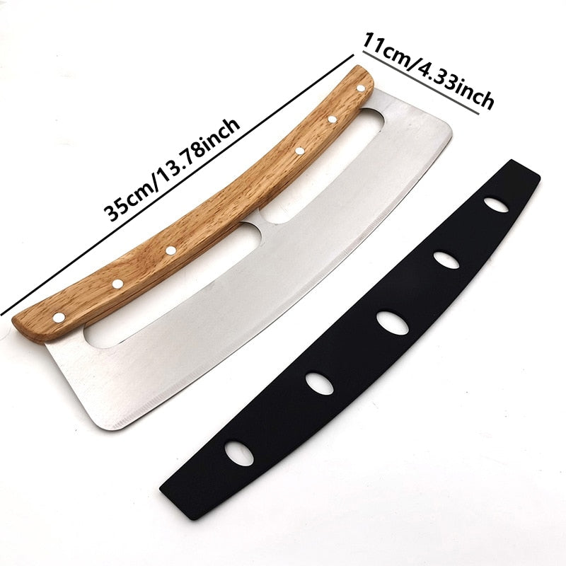 Stainless Steel Wooden Handles Pizza Cutter Home Gadgets Blade With Cover Pizza Rocking Cutter Tools Knife Kitchen Accessories