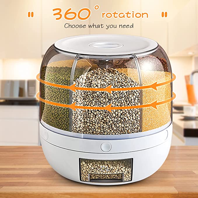 360° Rotating Rice Dispenser Food Dispenser 6 in 1 6-Grid Rotatable Cereal Dispenser Rice and Grain Storage Container for Kitche