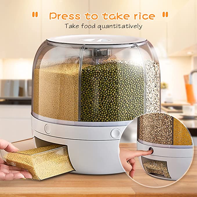 360° Rotating Rice Dispenser Food Dispenser 6 in 1 6-Grid Rotatable Cereal Dispenser Rice and Grain Storage Container for Kitche