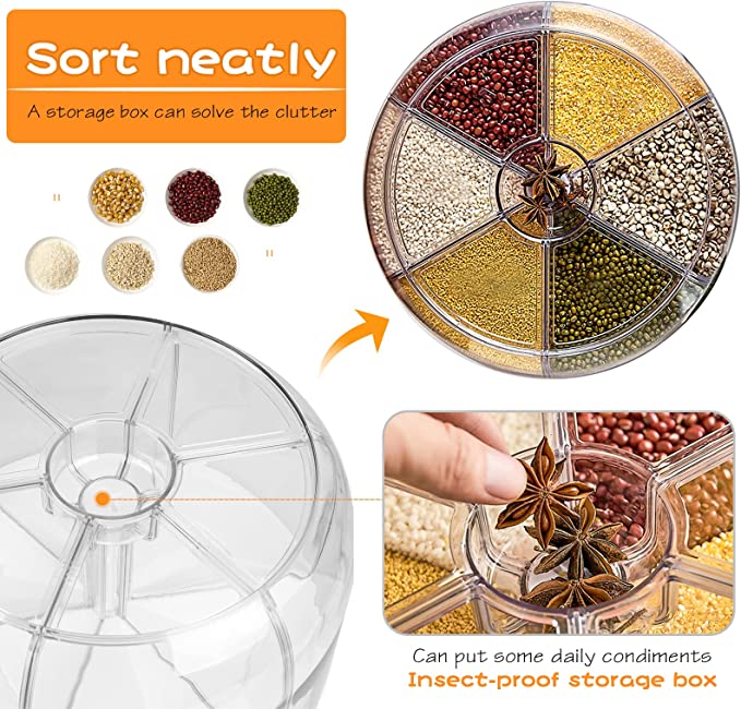 360° Rotating Rice Dispenser Food Dispenser 6 in 1 6-Grid Rotatable Cereal Dispenser Rice and Grain Storage Container for Kitche
