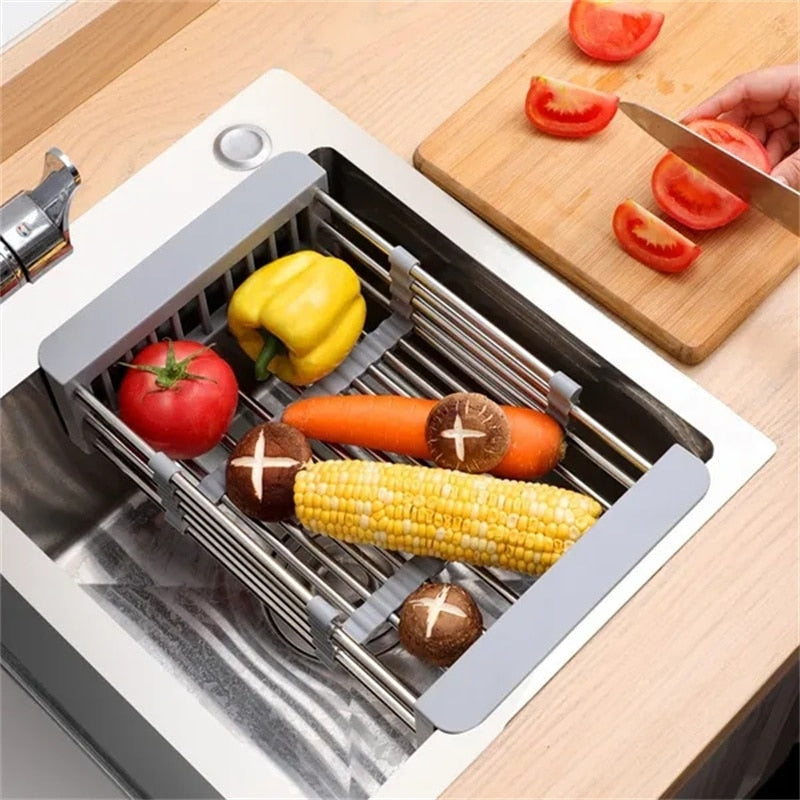 Adjustable Kitchen Stainless Steel Sink Rack Telescopic Sink Dish Rack Sink Holder Organizer Fruit Vegetable Washing Drainer