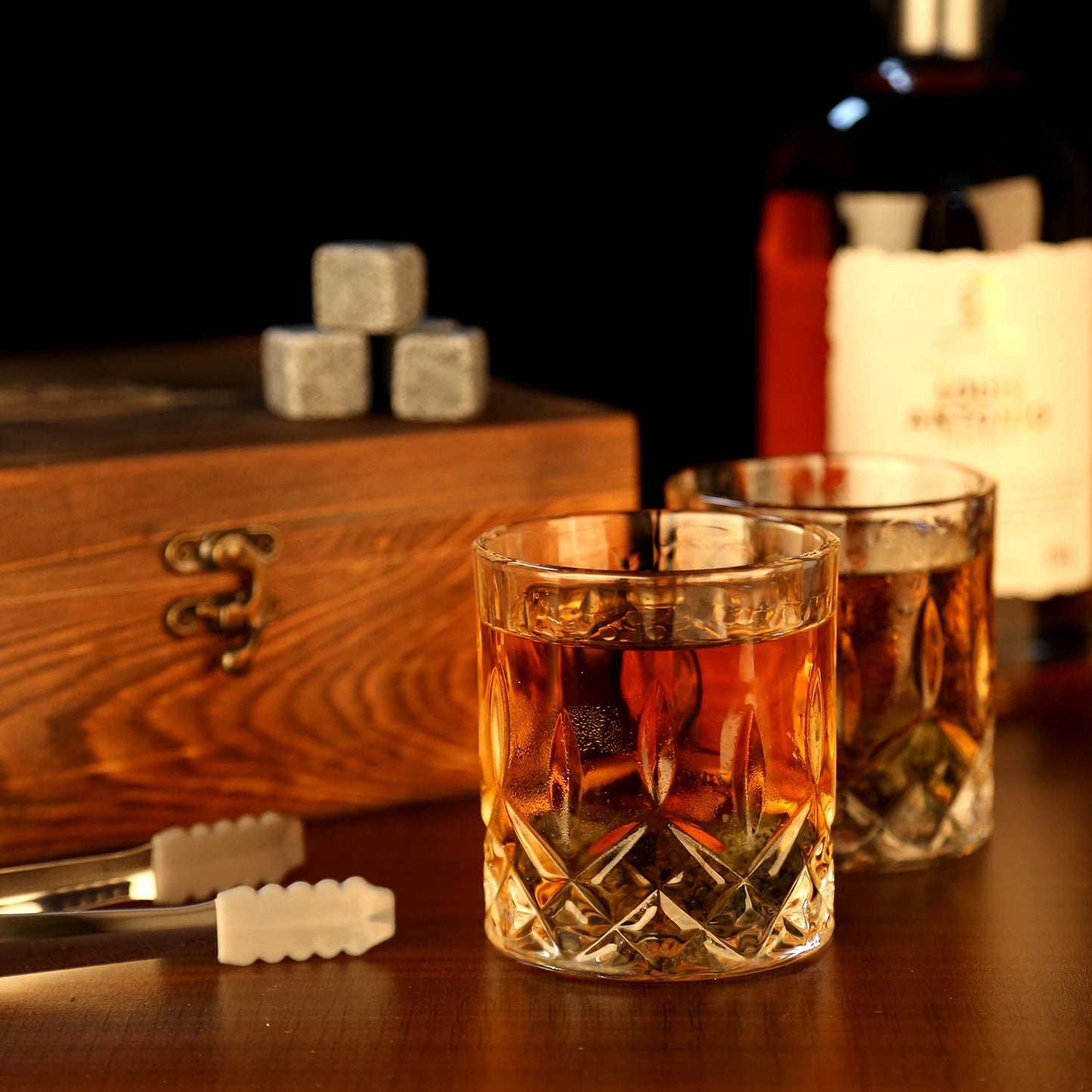 Whiskey Stones & Glasses Set, Granite Ice Cube For Whisky, Whiski Chilling Rocks In Wooden Box, Best Gift For Dad Husband Men