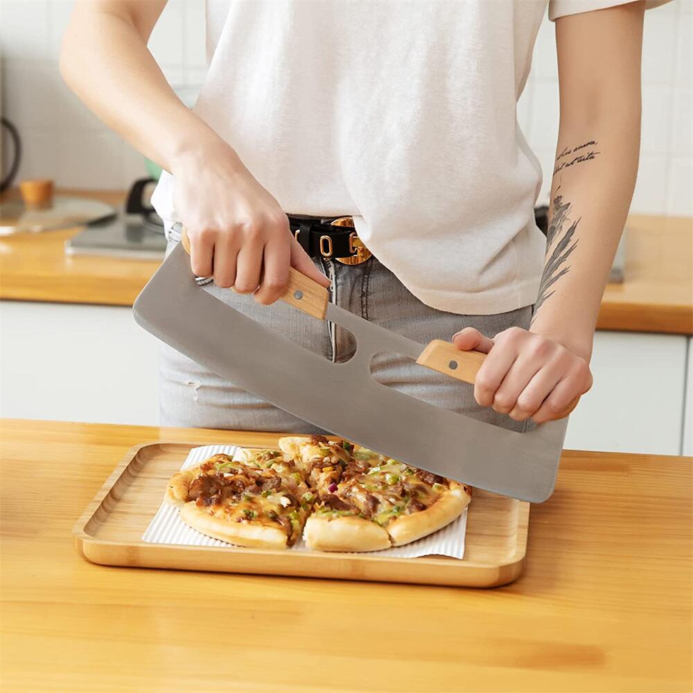 Stainless Steel Wooden Handles Pizza Cutter Home Gadgets Blade With Cover Pizza Rocking Cutter Tools Knife Kitchen Accessories