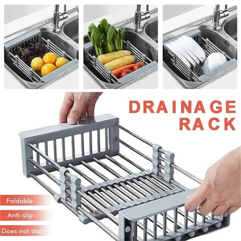 Multifunctional Kitchen Sink Drain Rack Retractable Stainless Steel Drain Basket Over The Sink Dish Drying Rack Accessories