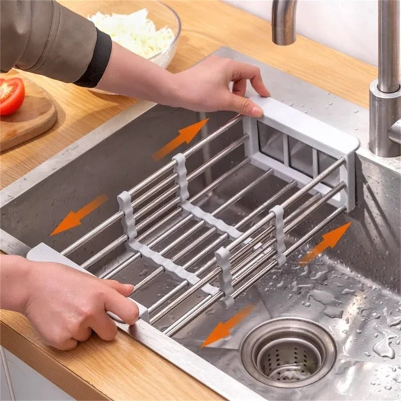 Multifunctional Kitchen Sink Drain Rack Retractable Stainless Steel Drain Basket Over The Sink Dish Drying Rack Accessories