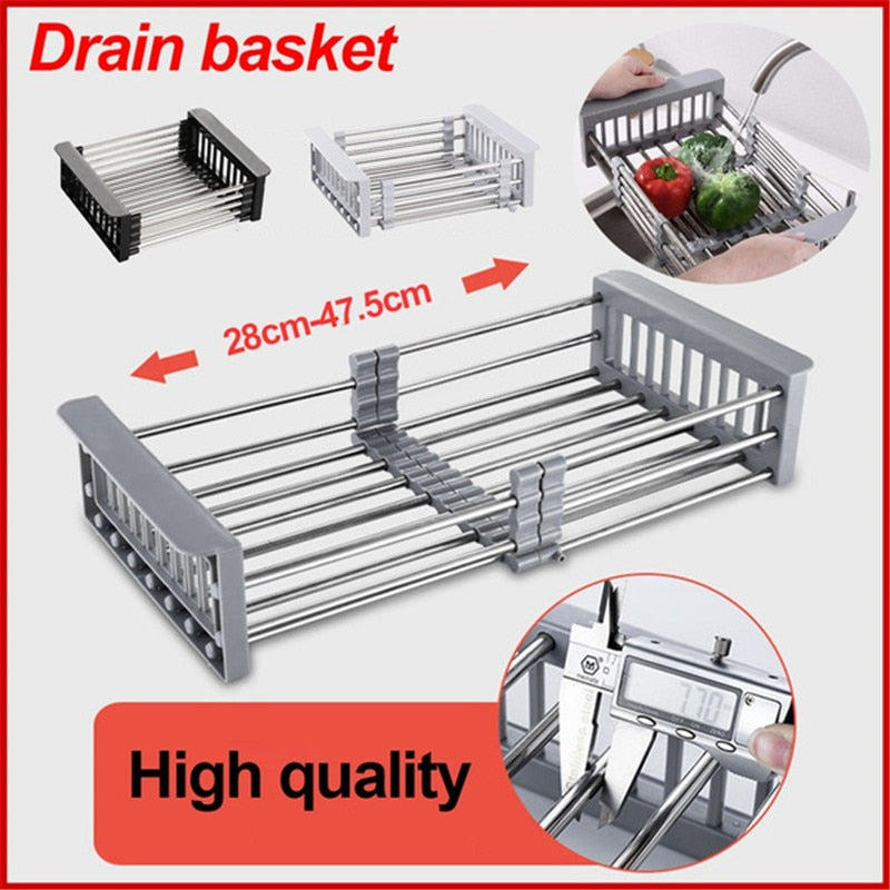 Multifunctional Kitchen Sink Drain Rack Retractable Stainless Steel Drain Basket Over The Sink Dish Drying Rack Accessories