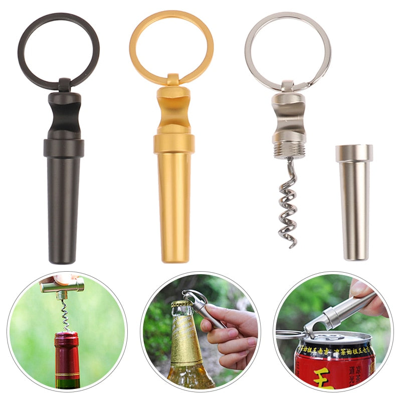 Multifunctional Zinc Alloy 3 In 1 Bottle Opener Keychain Outdoor Portable Mini Wine Beer Can Opener Wood Corkscrew Kitchen Tools