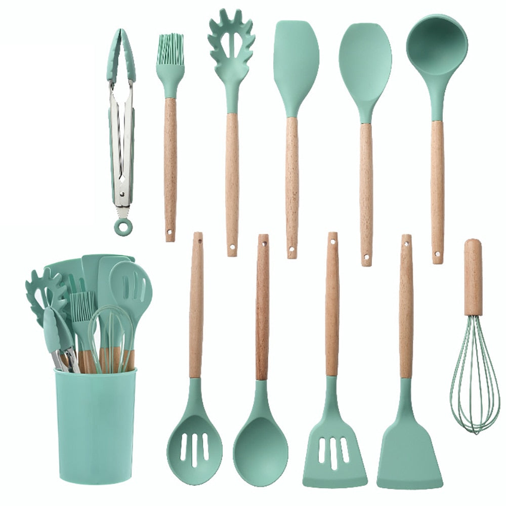 Silicone Kitchenware Cooking Utensils Set Non-stick Cookware Spatula Shovel Egg Beaters Wooden Handle Kitchen Cooking Tool Set