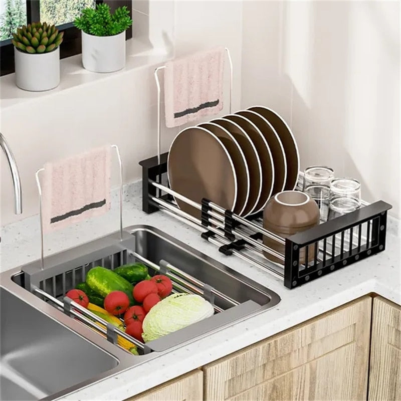 Multifunctional Kitchen Sink Drain Rack Retractable Stainless Steel