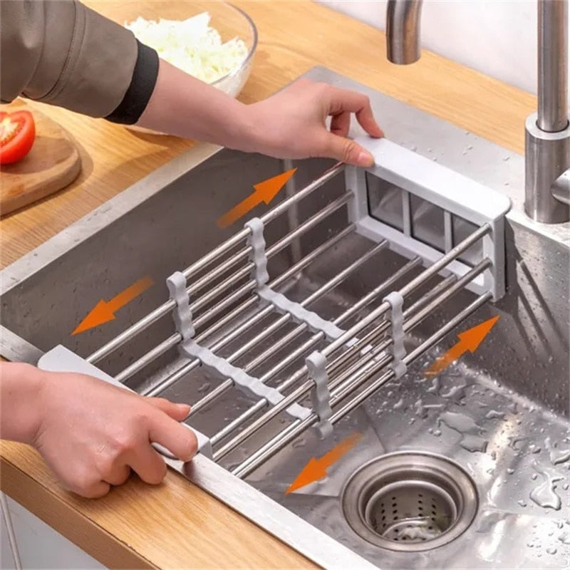 Kitchen Retractable Stainless Steel Drain Basket, Sink Drain Rack